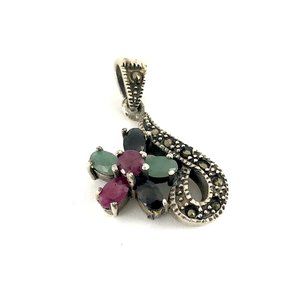 Sterling Silver 925 Vintage Ruby Sapphire Tourmaline Marcasite Pendant
